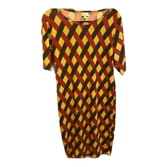 LuLaRoe Julia Geometric Print Dress Women's Large Red Black Beige - Picture 2 of 5